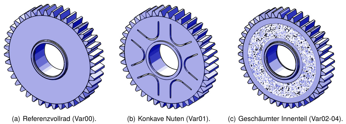 Darstellung der Radkörpervarianten Referenzvollrad, Radkörper mit konkaven Nuten und Radkörper mit geschäumtem Innenteil.